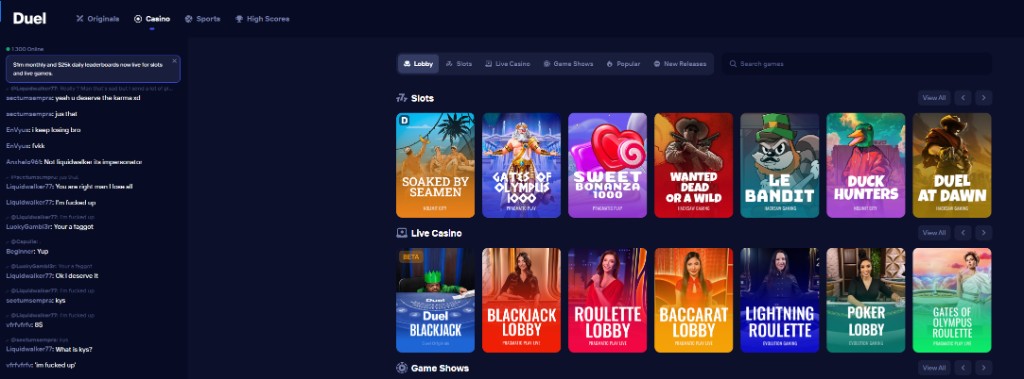 Duel Casino kaszino lobbi nyerogepekkel es elo jatekokkal, napi ranglista szalaggal
