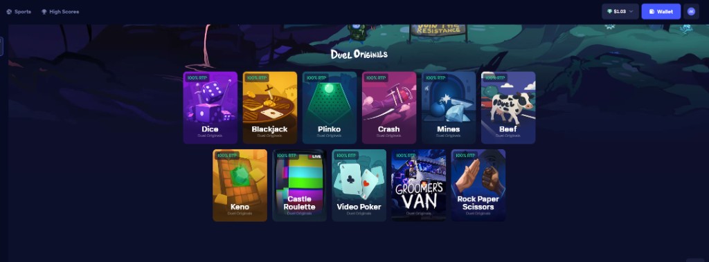 Duel Originals sajat jatekok 100 szazalekos RTP-vel: Dice, Crash, Mines, Plinko